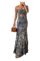 CHICME Floral Printed Maxi Dress Tie Ruched Shirred Bandeau Party Dress Slim Fit Ruffle Hem Vacation Dresses - Closet Her'