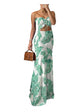 CHICME Floral Printed Maxi Dress Tie Ruched Shirred Bandeau Party Dress Slim Fit Ruffle Hem Vacation Dresses - Closet Her'