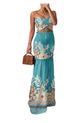CHICME Floral Printed Maxi Dress Tie Ruched Shirred Bandeau Party Dress Slim Fit Ruffle Hem Vacation Dresses - Closet Her'